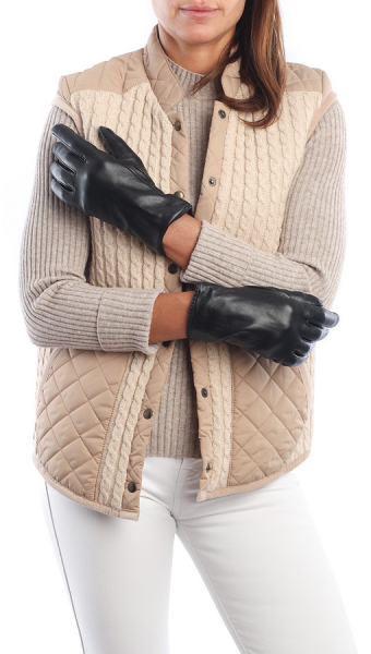 ПЕРЧАТКИ ЖЕНСКИЕ ЧЕРНЫЕ КОЖА ЯГНЕНКА/ШЕРСТЬ ГЛАДКИЕ КОСИЧКА НА МАНЖЕТЕ