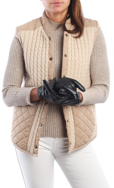 ПЕРЧАТКИ ЖЕНСКИЕ ЧЕРНЫЕ КОЖА ЯГНЕНКА/ШЕРСТЬ ГЛАДКИЕ КОСИЧКА НА МАНЖЕТЕ