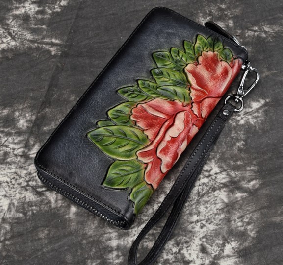 женский кошелек натуральная кожа с тиснением хризантема  корея