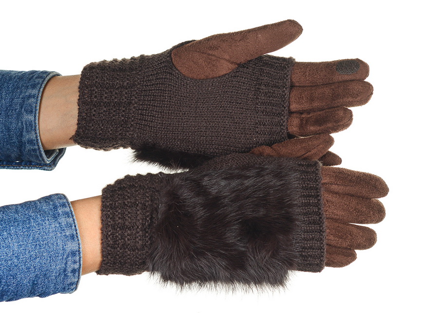 женские перчатки двойные с натуральным мехом кролик трикотаж / флис 
