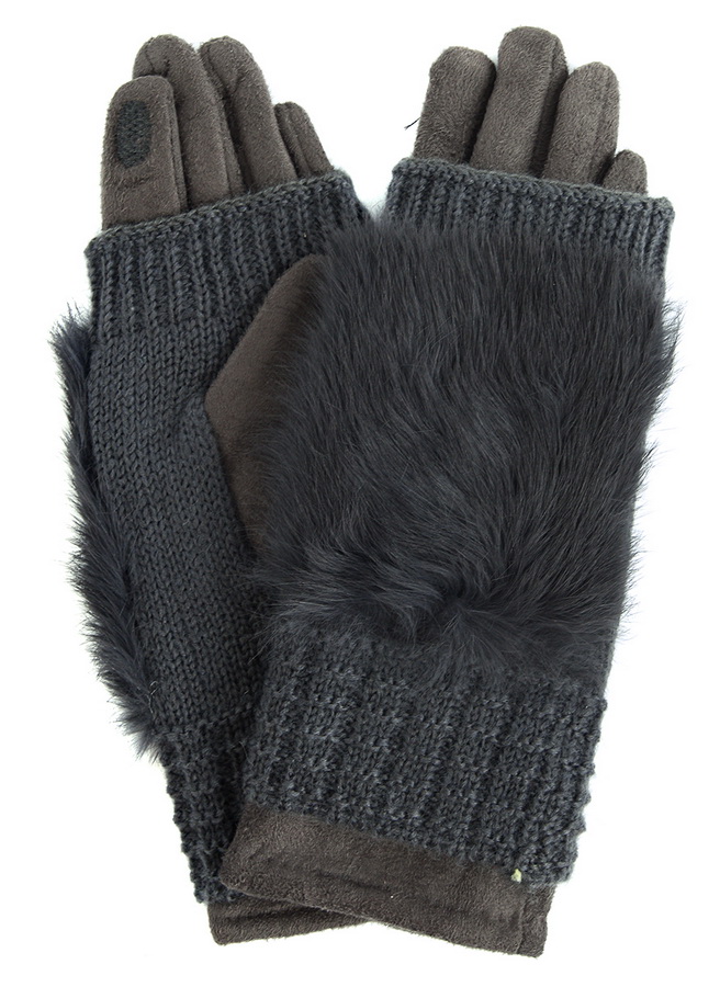 женские перчатки двойные с натуральным мехом кролик трикотаж / флис