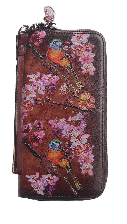 женский кошелек натуральная кожа с тиснением птички на ветке корея 