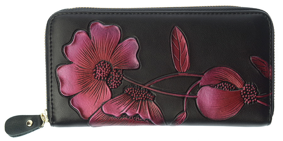женский кошелек натуральная кожа с тиснением хризантема  корея
